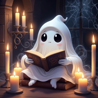 Cute ghost reading a book by candlelight in a spooky setting