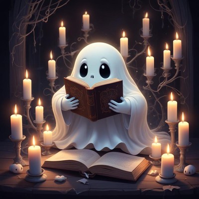 Ghost reading a book among glowing candles at night