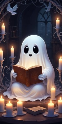 Cute ghost reading a book by candlelight in a cozy space