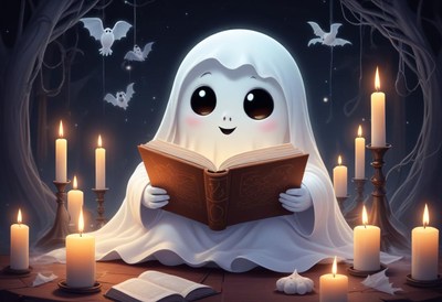 Cute ghost reading a book among glowing candles at night