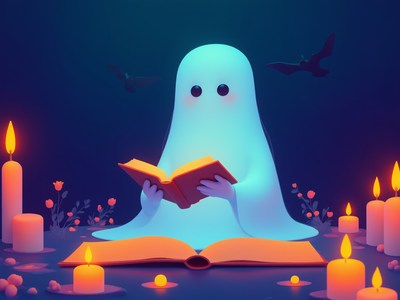 Ghost reading a book surrounded by candles at night