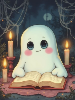 Charming ghost reading a story by candlelight at night