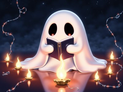 Friendly ghost reading a book by candlelight