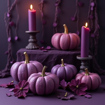 Purple pumpkins and candles for autumn decor