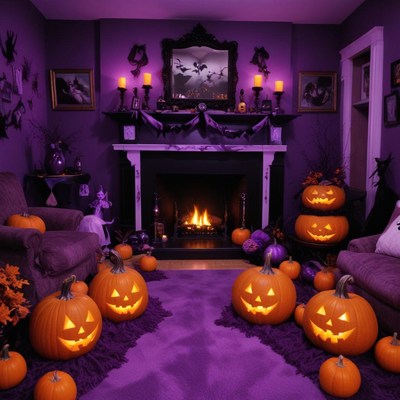 Spooky halloween decorations in a cozy living room