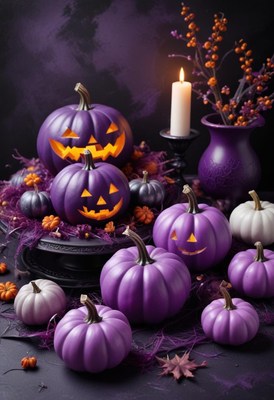 Colorful purple pumpkins create a festive halloween scene