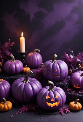 Halloween decorations with purple and orange pumpkins