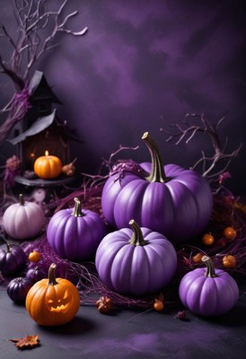 Purple pumpkins and autumn decor create a spooky scene