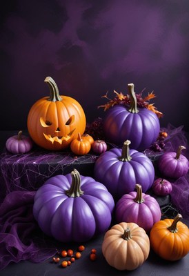 Halloween decor with purple and orange pumpkins arranged