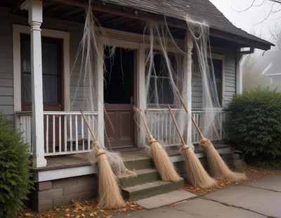 Halloween decorations on a house's porch with brooms