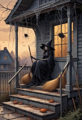 Witch sitting on porch with brooms at sunset