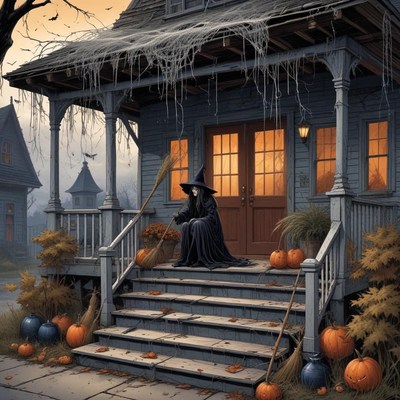 Witch sitting on porch with pumpkins in autumn setting