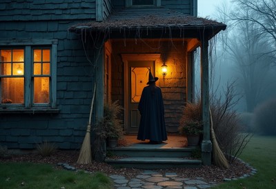 Mysterious figure approaches an old house at dusk