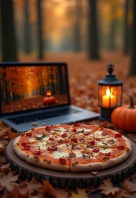 Enjoying pizza in a cozy autumn forest setting