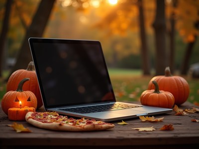 Cozy autumn vibe with laptop and pizza near pumpkins