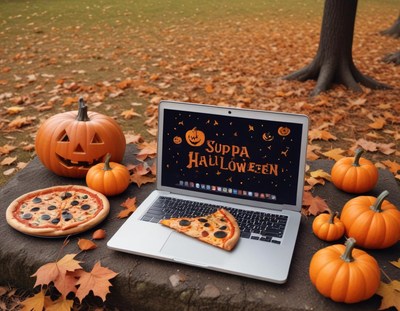 Laptop with halloween decorations in a park setting