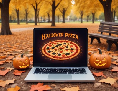 Halloween pizza display in a colorful autumn park