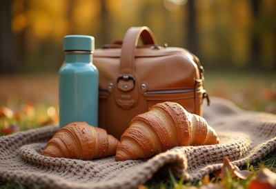 Croissants and drink bottle on blanket in autumn park