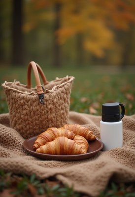 Enjoying croissants and coffee in a cozy outdoor setting