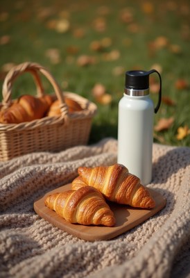 Croissants and milk bottle on a blanket in autumn