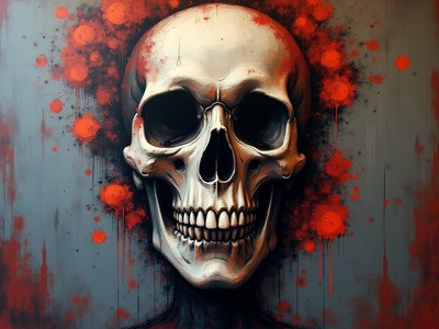 Skull artwork with vibrant red splashes on a dark background