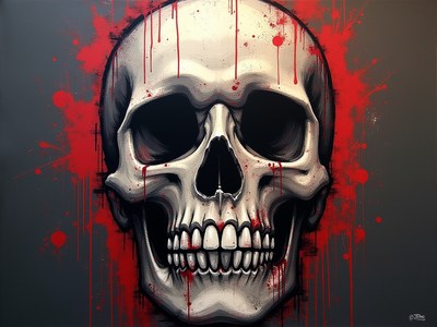 Detailed skull art with red splashes on dark background
