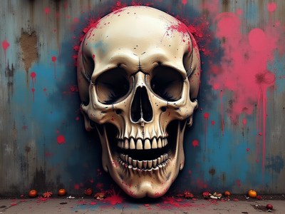 Skull mural with colorful paint splashes on urban wall