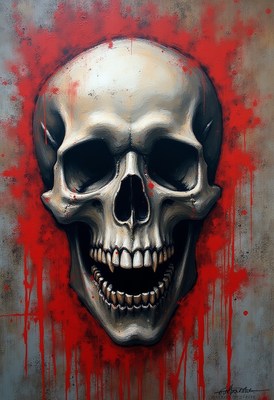Skull art piece with blood splatters showcased prominently