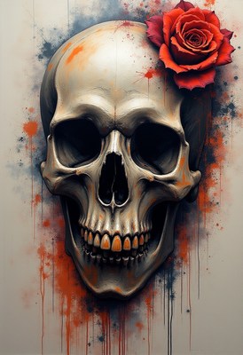 Skull with a red rose creating a striking visual contrast