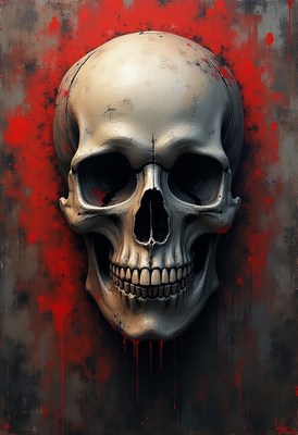 Realistic skull with red splashes on a textured background