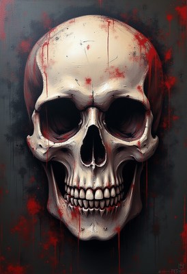 Skull art with red splashes on dark background