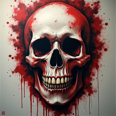Skull artwork with red splashes on canvas in urban setting