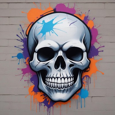 Colorful skull mural on urban wall brings street art to life