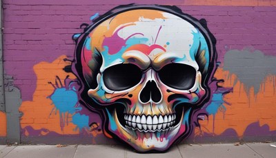 Vibrant skull mural on a city wall in bright colors