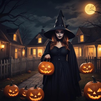 Witch holding pumpkin lanterns on halloween night