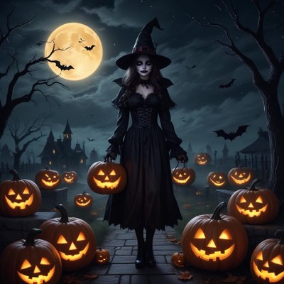 Halloween witch holding carved pumpkins under full moon