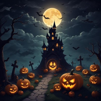 Haunted house with glowing pumpkins under full moon