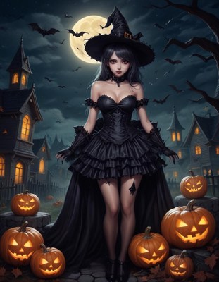 Witch standing in graveyard with lit pumpkins at night
