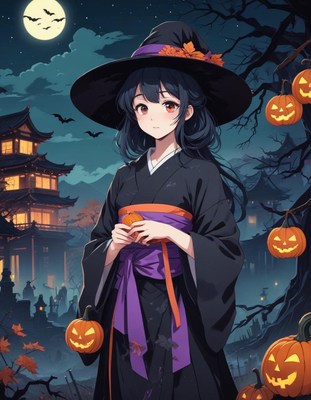 Witch in kimono with pumpkins under a full moon