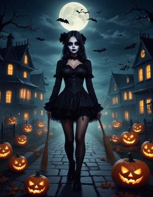 Mysterious figure walking through haunted halloween street