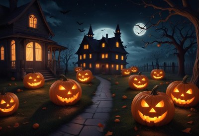 Spooky halloween night with glowing jack-o'-lanterns