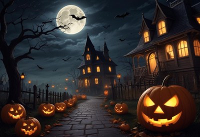 Spooky halloween night with glowing pumpkins and bats