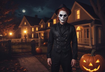 Spooky night with a mysterious figure by halloween pumpkins