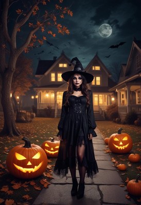 Witch standing by glowing pumpkins on halloween night