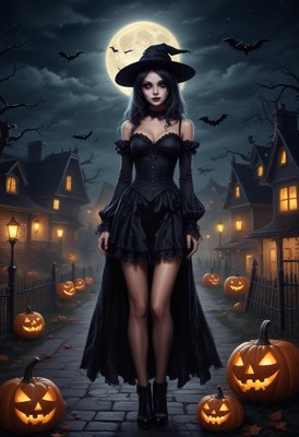 Woman dressed as witch in spooky halloween setting