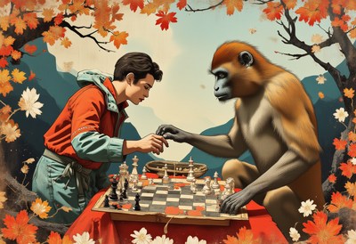 Boy and gorilla play chess in a vibrant autumn setting