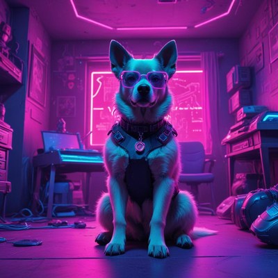 Dog in futuristic room with neon lights and glasses
