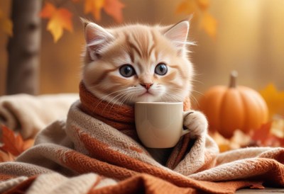 Cozy kitten enjoying a warm beverage in autumn setting