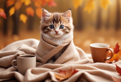 Cozy kitten wrapped in a blanket among autumn leaves