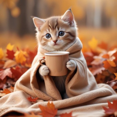 Cute kitten cuddled in blanket holding a cup in autumn
